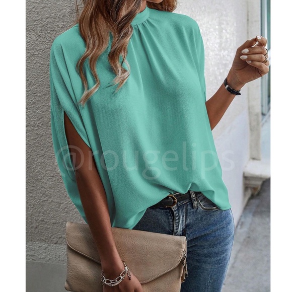 Mint Green Blouse Top Flowy, High Neck - Picture 1 of 11